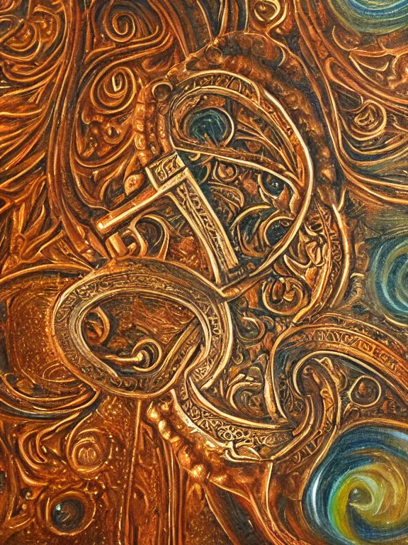 Prompt: a ultradetailed beautiful panting of an old copper key, with intricate detail, who can open the mind, oil panting, high resolution 4 k