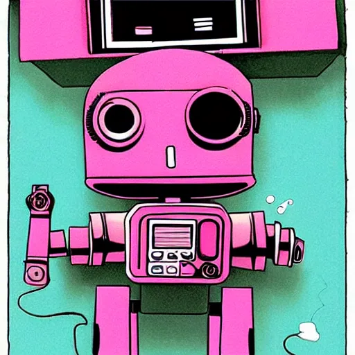 Image similar to robots need love too + cute cyberpunk street hustler mech-robot wearing walkman + fuchsia colored paint oozing from mouth + bolts + hydraulic appendages + cool street style + relaxed pose + center image + Jamie Hewlett style + moebius style + pastel color style + cel-shaded