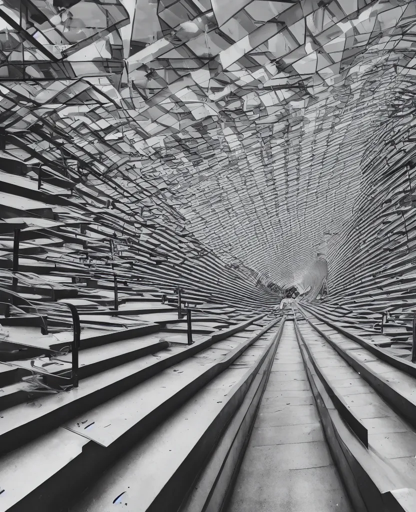 Image similar to rows of escalators leading endlessly into the sky, sunny day, clouds, cinematic, masterpiece