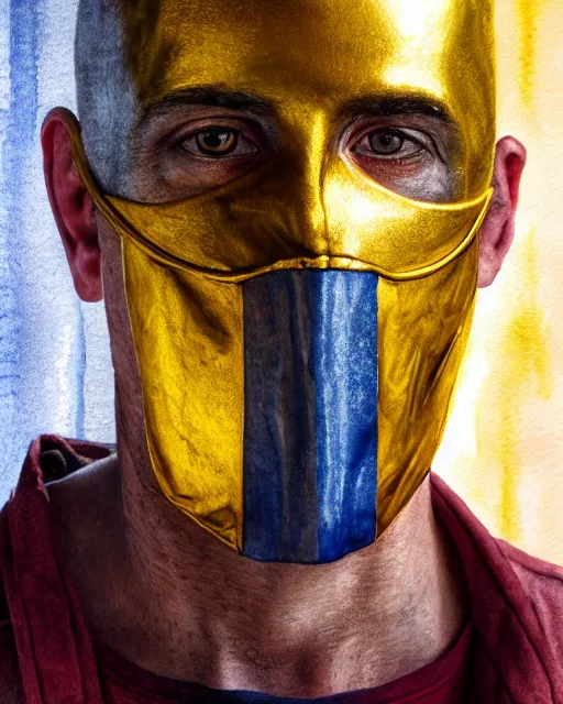 Image similar to watercolor painting portrait of man with a golden mask, photorealistic, shaded, cinematic lighting, high production value, intricate details, high resolution, hdr, high definition, masterpiece, realistic, ultrarealistic, highly detailed, hd, sharp focus, non blurry, sharp, smooth