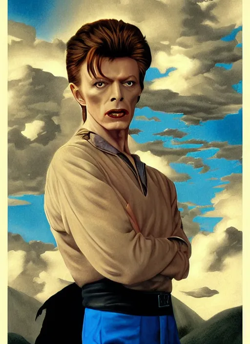 Prompt: twin peaks poster art, portrait of david bowie chases the blue colored rose, by michael whelan, rossetti bouguereau, artgerm, retro, nostalgic, old fashioned