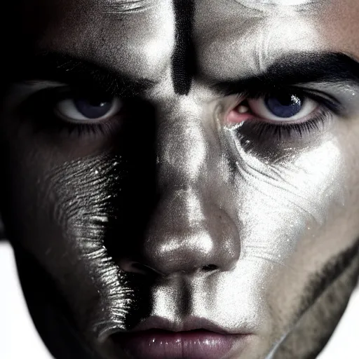 Image similar to a close up portrait of a beautiful athletic young persian male with his face covered in silver leaf , photographed by erwin olaf, artistic