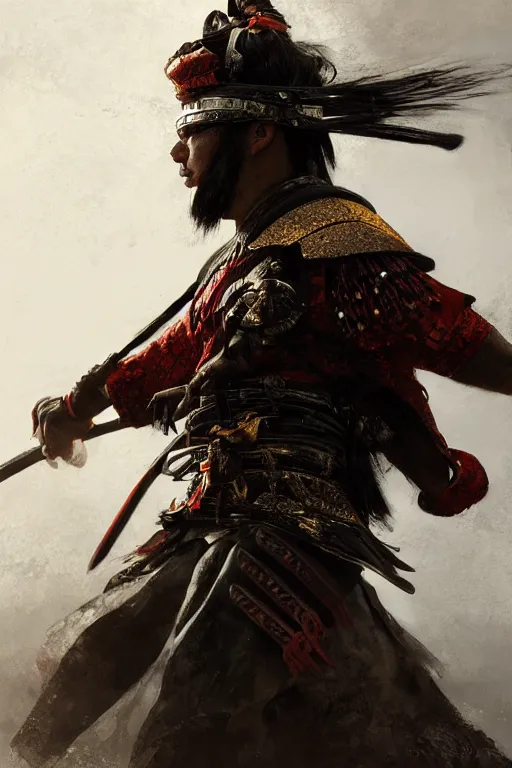 Image similar to samurai warrior, close - up portrait, fierce, intricate, elegant, volumetric lighting, scenery, digital painting, highly detailed, artstation, sharp focus, illustration, concept art, ruan jia, steve mccurry