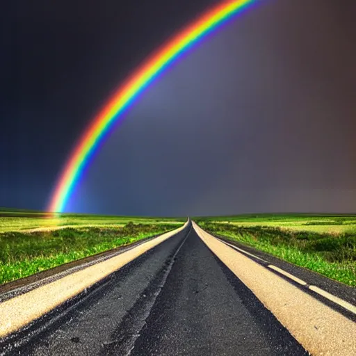 Prompt: symmetrical view looking down a long, flat country highway in nebraska with dark thunderstorm and lightning up ahead, and in front of that a complete double rainbow arcing over the road. superimposed on this we see a kindly old man's smiling face, with the the top of his head fitting perfectly inside the arc of the rainbow. grant wood and salvador dali