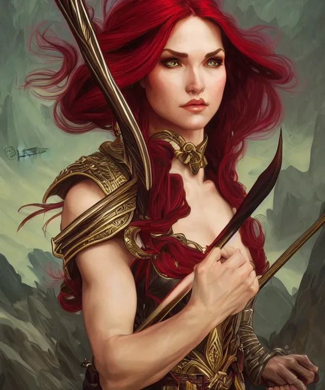 Prompt: a strong powerful angry fantasy elf woman with a bow and arrow, portrait, fantasy, intricate, elegant, highly detailed, digital painting, artstation, concept art, smooth, sharp focus, illustration, art by artgerm and larry elmore and alphonse mucha