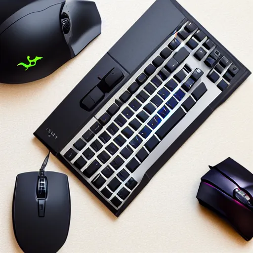 Image similar to top down photo of a desk with a gaming keyboard and gaming mouse on, photorealistic