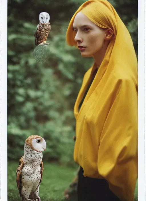 Image similar to grainy head to shoulder portrait Polaroid film photograph of an elegant top model wearing a yellow kimono with a very detailed barn owl on her shoulder!!! in a tropical greenhouse. looking at the camera!!. super resolution. Polaroid 600 film. art by Alessio albi and Annie Leibovitz and Rineke Dijkstra.