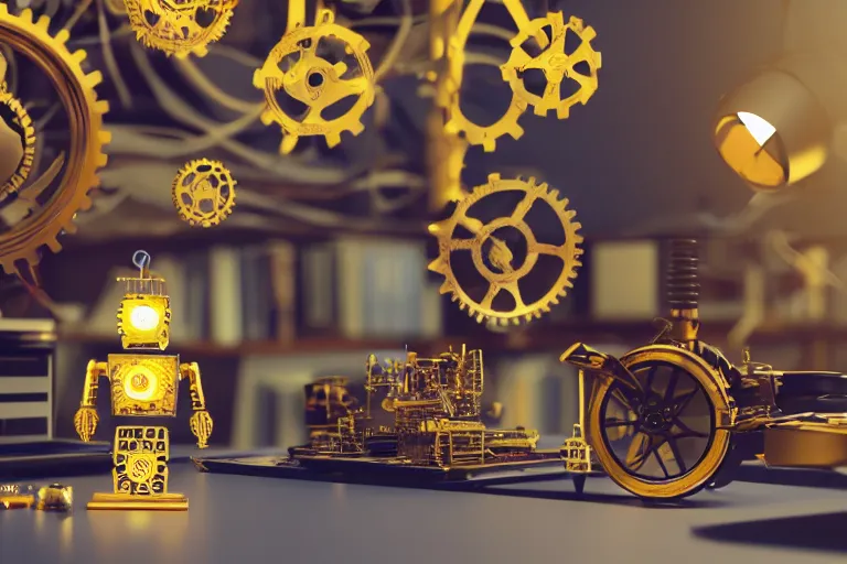 Image similar to photo of a golden and blue metal steampunk office robot with gears and tubes sitting in a modern office, on the office table is a suitcase with money bills, eyes are glowing red lightbulbs, shiny crisp finish, 3 d render, 8 k, insaneley detailed, fluorescent colors, background is multicolored lasershow