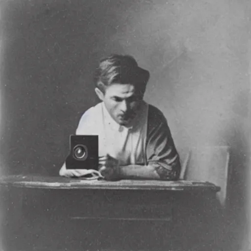 Image similar to old polaroid depicting pikachu from the 1 9 th century working at a modern day laptop