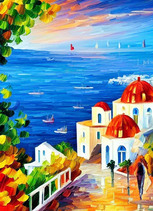 Prompt: beautiful seaside greek village in the style of leonid afremov