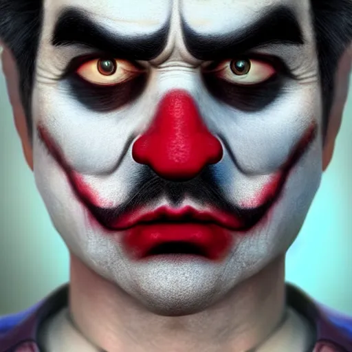 Image similar to Mario in real life with joker makeup, realistic, very realistic, hyperrealistic, highly detailed, very detailed, extremely detailed, detailed, digital art, oil painting, trending on artstation, headshot and bodyshot, detailed face, very detailed face, extremely detailed face, HD Quality, 8k resolution