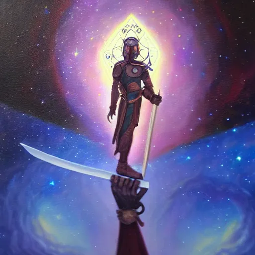 Image similar to facing the darkness with a sword in hand, galactic nebular astral realm sacred journey in oil painting, trending on artstation, award winning, emotional, highly detailed surrealist art