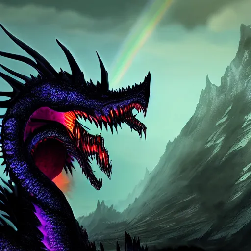 Image similar to The black dragon Alduin breathing a rainbow-colored fire. 4k. Concept art. High detail. Unreal engine. Style of Lovecraft.