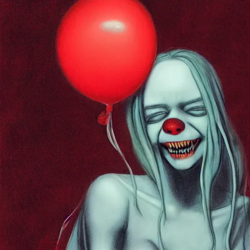 Prompt: sketch of Billie eilish with a wide smile and a red balloon by Zdzisław Beksiński, loony toons style, pennywise style, corpse bride style, creepy lighting, horror theme, detailed, elegant, intricate, conceptual, volumetric light