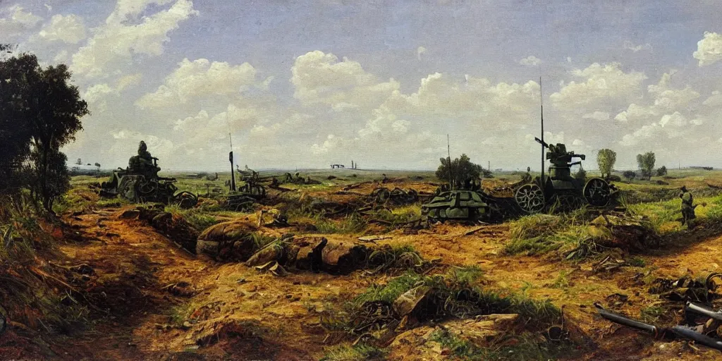 Prompt: landscape scene of an eastern front battlefield, summertime, distant destroyed smoking tank, romanticist oil painting