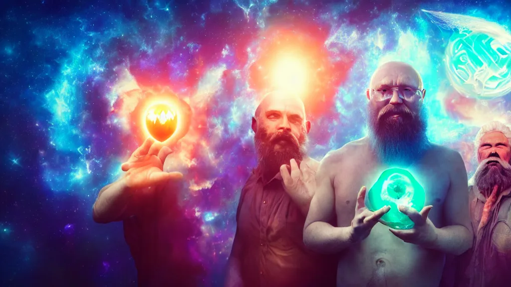 Prompt: dreamscape by gene raz von edler, buff father time by ross tran, white bearded man holding up a bright gemstone nova star by seb mckinnon, cinematic, highly detailed