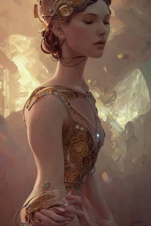 Image similar to do androids dream of electric sheep, intricate, elegant, highly detailed, digital painting, artstation, concept art, smooth, sharp focus, illustration, art by artgerm and greg rutkowski and alphonse mucha