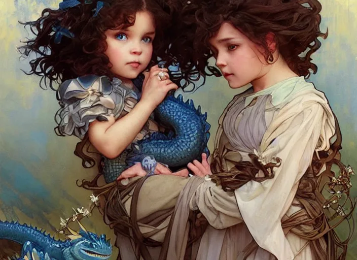 Prompt: a cute little girl with curly brown hair and blue eyes holding a blue baby dragon, beautiful fantasy art by artgerm and greg rutkowski and alphonse mucha.