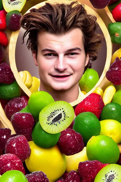 Image similar to 📷 joe keery in kiwi fruit 🥝, made of food, head portrait, dynamic lighting, 4 k