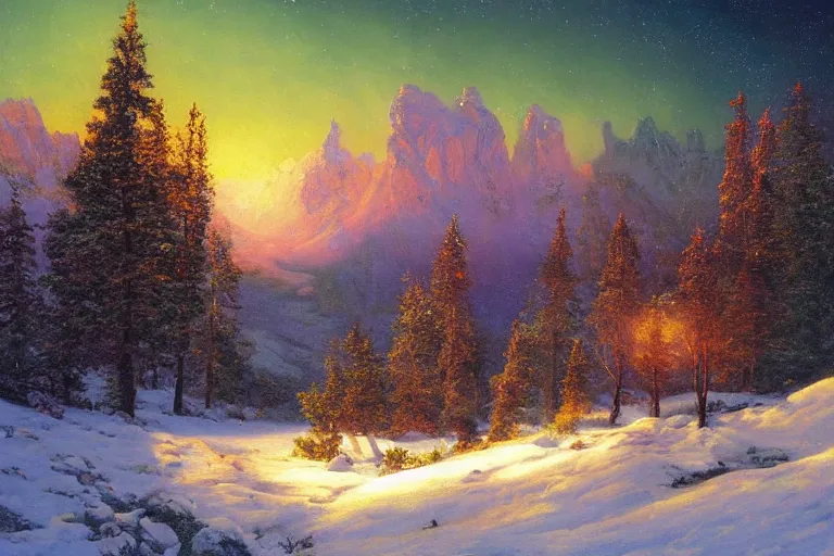 Prompt: mountains, trees, beautiful nature, winter, night, northern lights, stars, very detailed, focused, cinematic lighting, oil painting, colorful, canvas, artstation, Sydney Mortimer Laurence, Albert Bierstadt