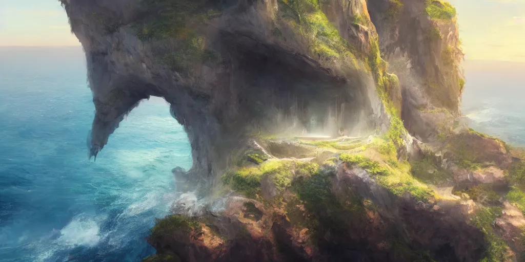 Prompt: a cavern on the edge of a cliff overlooking the ocean by Jessica Rossier, trending on artstation, 8k, wow