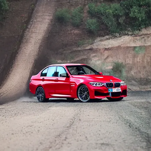 Image similar to a red bmw g 8 0 m 3 upside down and on fire, photograph