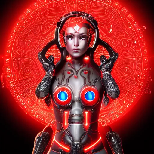 Image similar to cybernetic female warrior with glowing red heaphones and glowing red intricate sigils of death covering her body, intricate detail, finely detailed, small details, extra detail, trending on artstation, high resolution, 3D