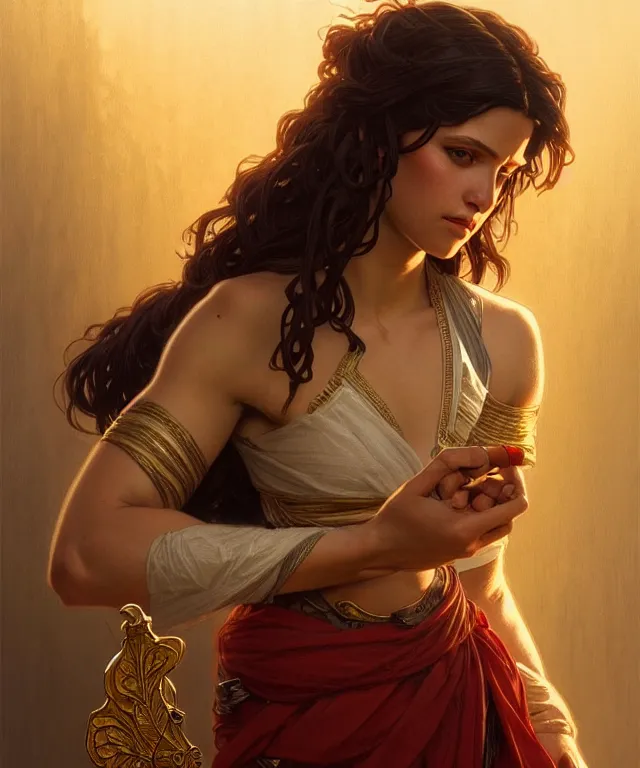 Image similar to portrait of biblical delilah holding a small knife, intricate, headshot, highly detailed, digital painting, artstation, concept art, sharp focus, cinematic lighting, illustration, art by artgerm and greg rutkowski, alphonse mucha, cgsociety