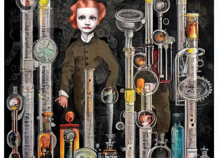 Image similar to a portrait of an inventor, test tubes, strange machines, electronics, lowbrow in the style of mark ryden and daniel merriam,