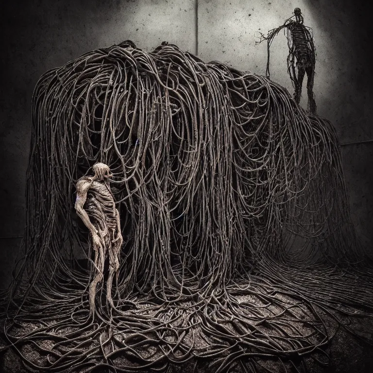 Image similar to still life of ribbed abandoned man faceless portrait, covered with roots, wires, tubes, standing in a desolate empty wasteland, creepy, nightmare, dream-like heavy atmosphere, surreal abandoned buildings, baroque painting, beautiful detailed intricate insanely detailed octane render trending on Artstation, 8K artistic photography, photorealistic, chiaroscuro, Raphael, Caravaggio, Beksinski, Giger