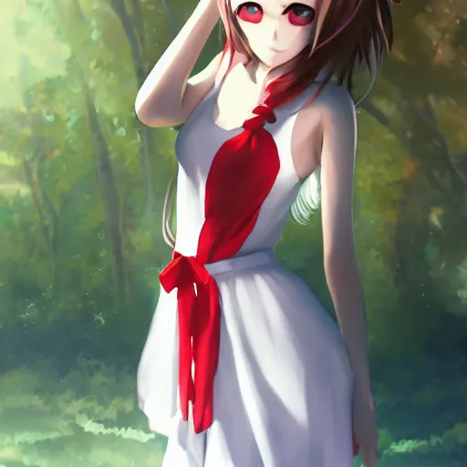 Image similar to a girl, white sundress, red scissors, anime art, smooth, hd, pixiv, artstation