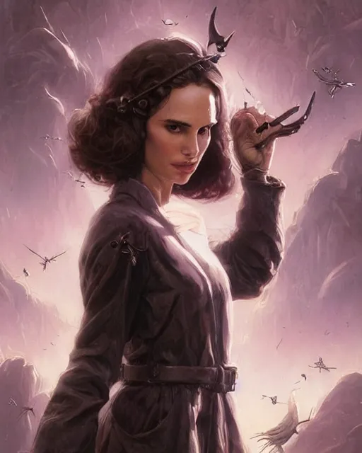 Image similar to beautiful fantasy character portrait, natalie portman, wearing oversized black trench coat, ultra realistic, wide angle, dramatic lighting, vultures, cyberpunk artifacts, highly detailed by peter mohrbacher, hajime sorayama, wayne barlowe, boris vallejo, aaron horkey, gaston bussiere, craig mullins