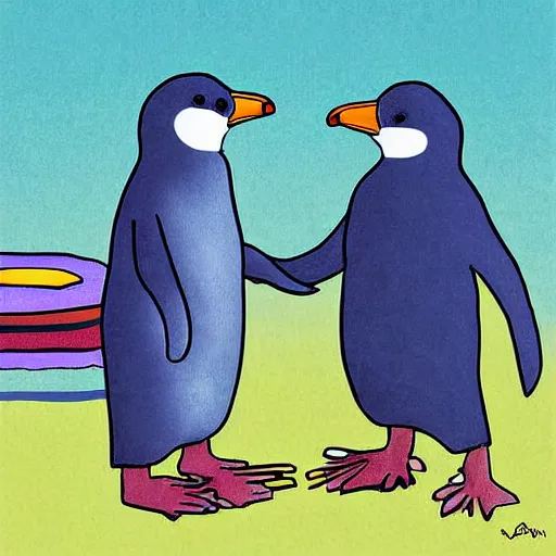 Prompt: Pingu by Otmar Gutmann and Erika Brueggemann, trying to sell gunson the street, digital art