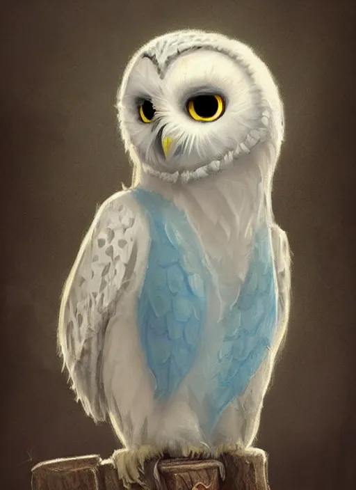 Image similar to cute little anthropomorphic snowy owl poet wearing forgotten crystal, tiny, small, miniature animal, baby animal, short, pale blue armor, cute and adorable, pretty, beautiful, DnD character art portrait, matte fantasy painting, DeviantArt Artstation, by Jason Felix by Steve Argyle by Tyler Jacobson by Peter Mohrbacher, cinematic lighting