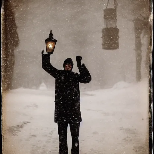 Prompt: a man holds a lantern, snowstorm, cold, vintage photo