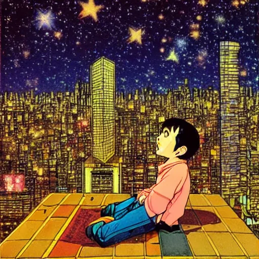 Image similar to a kid in a big city, sits on rooftop, watches a beautiful night full of stars and tech buildings, by satoshi kon and basil gogos