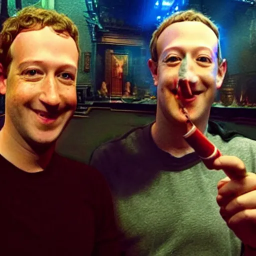 Image similar to selfie of Lucifer smoking weed with mark zuckerberg in hell