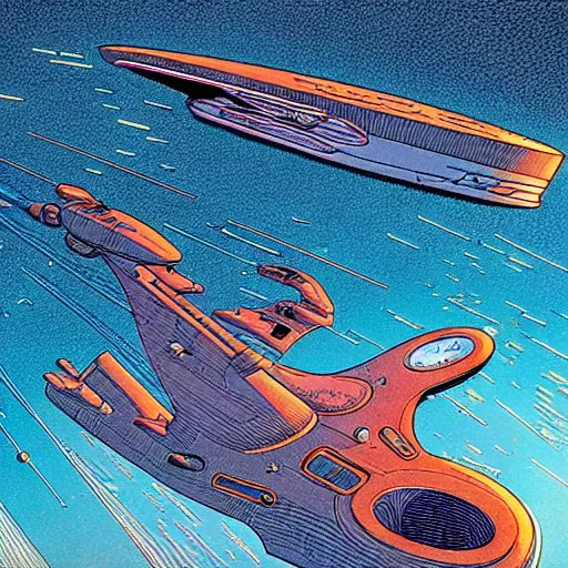 Image similar to the crew of the enterprise - d on the style of jean giraud moebius