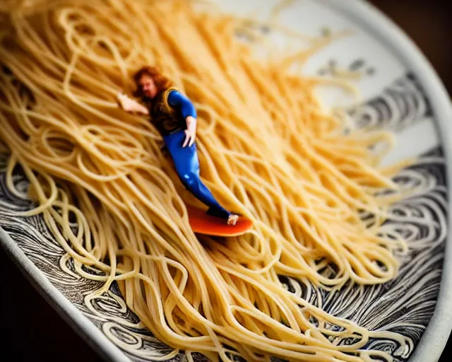 Prompt: close up of a beautiful ginger surfer, surfing on a surfboard in a sea of pasta, art nouveau, fantasy, intricate pasta waves, elegant, highly detailed, sharp focus, action sports photography