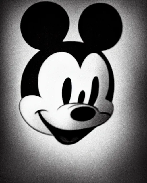 Prompt: A black-and-white studio portrait of a happy-looking Mickey Mouse in the style of a horror movie; bokeh, 90mm, f/1.4