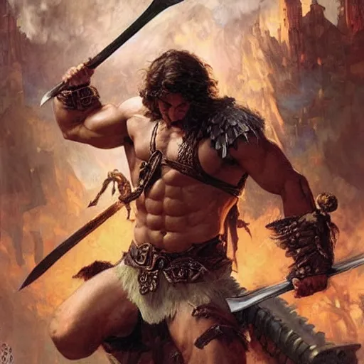 Image similar to muscular male barbarian fighting the world, intricate details, large sword, smoke and fire, by Stanley Artgerm Lau, by greg rutkowski, by thomas kindkade, by alphonse mucha, loish, by norman rockwell J.