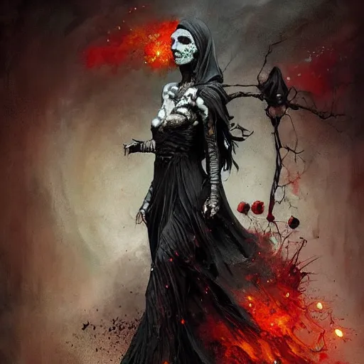 Image similar to dark cloaked necromancer, by artur bordalo and tom bagshaw and craig davison and guy denning and harumi hironaka, trending on artstation hq, deviantart, pinterest, 4 k uhd image