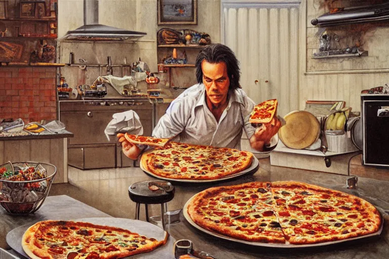 Image similar to a highly detailed nick cave baking pizza, full body, wide angle, an ultrafine detailed painting by p. craig russell and barry windsor - smith, trending on deviantart, octane, masterpiece