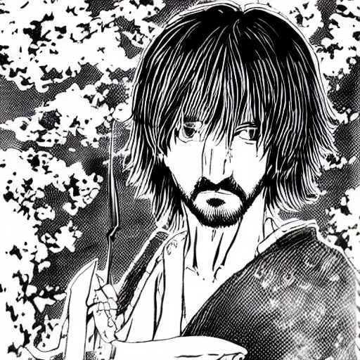 Image similar to pen and ink!!!! attractive 22 year old monochrome!!!! Ringo Starr highly detailed manga Vagabond!!!! telepathic floating magic swordsman!!!! glides through a beautiful!!!!!!! battlefield magic the gathering dramatic esoteric!!!!!! pen and ink!!!!! illustrated in high detail!!!!!!!! graphic novel!!!!!!!!! by Gustav Klimt and Hiroya Oku!!!!!!!!! MTG!!! award winning!!!! full closeup portrait!!!!! action manga panel