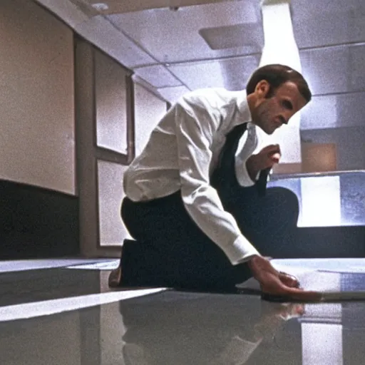Image similar to Emmanuel Macron washing blood on the floor in American Psycho (1999)