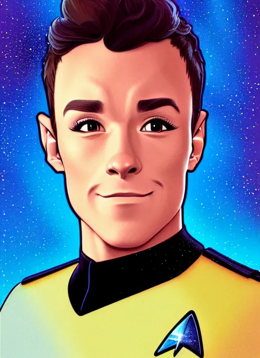 Image similar to cute star trek officer tom daley, natural lighting, path traced, highly detailed, high quality, digital painting, by don bluth and ross tran and studio ghibli and alphonse mucha, artgerm