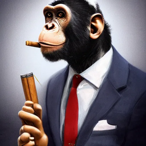 Image similar to a high detail photo of an antropomorphic chimp wearing a suit smoking a cigarrette, subject= chimp, subject detail: wearing a suit, subject action: smoking a cigar, photorealism, dramatic lighting, award winning photograph, trending on artstation