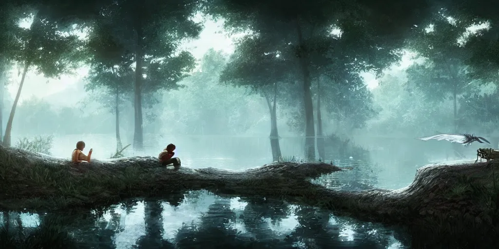 Image similar to a big silver dragon and a boy sitting next to lake in forest, many fireflys, at night, concept art, dof, cryengine, digital art, detailed background, makoto shinkai