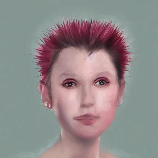 Image similar to portrait of a young woman with a heart - shaped face and short pink spiky hair, 8 k, digital paint