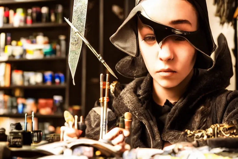 Image similar to close up photo, dramatic lighting, concentration, calm confident cyberpunk teen witch and her cat, tarot cards displayed on the table in front of her, sage smoke, magic wand, a witch hat and cape, apothecary shelves in the background, by yoji shinkawa neon